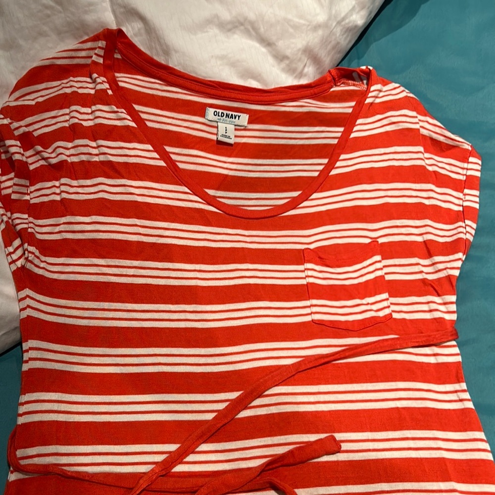 Striped short sleeve crew neck T-shirt dress coral color